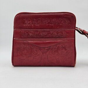 Western Floral Print Embossed Purse Bright‎ Red Strap Worn 10 X 9 X 5 Pockets
